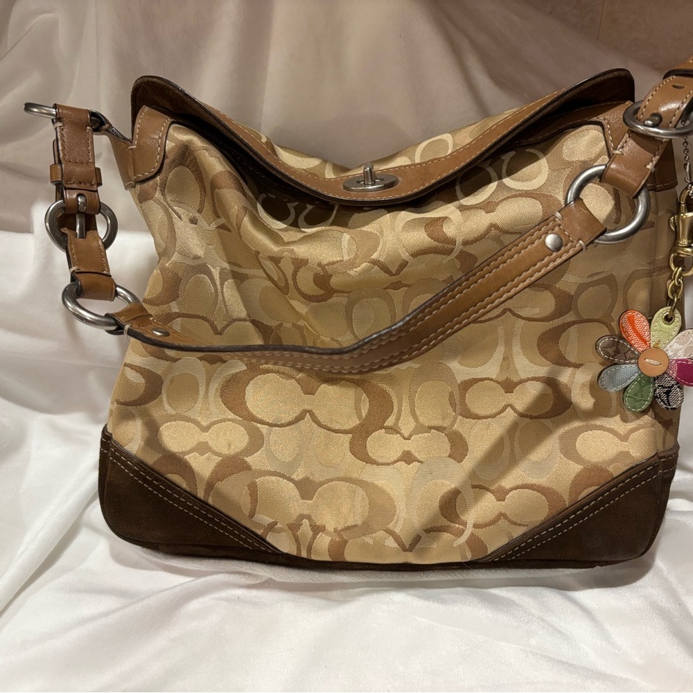 Coach Brown and Tan Shoulder Bag with Leather Trim